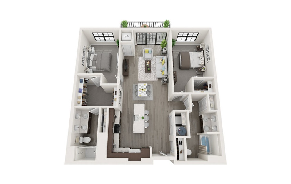 B1 - 2 bedroom floorplan layout with 2 baths and 1183 square feet. (3D)