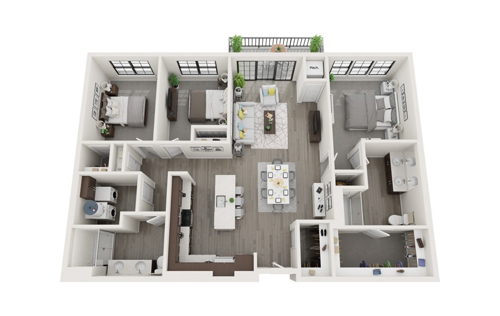 C1 - 3 bedroom floorplan layout with 2 baths and 1466 square feet. (3D)