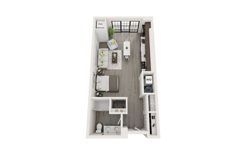 S1 - Studio floorplan layout with 1 bath and 577 square feet. (3D)