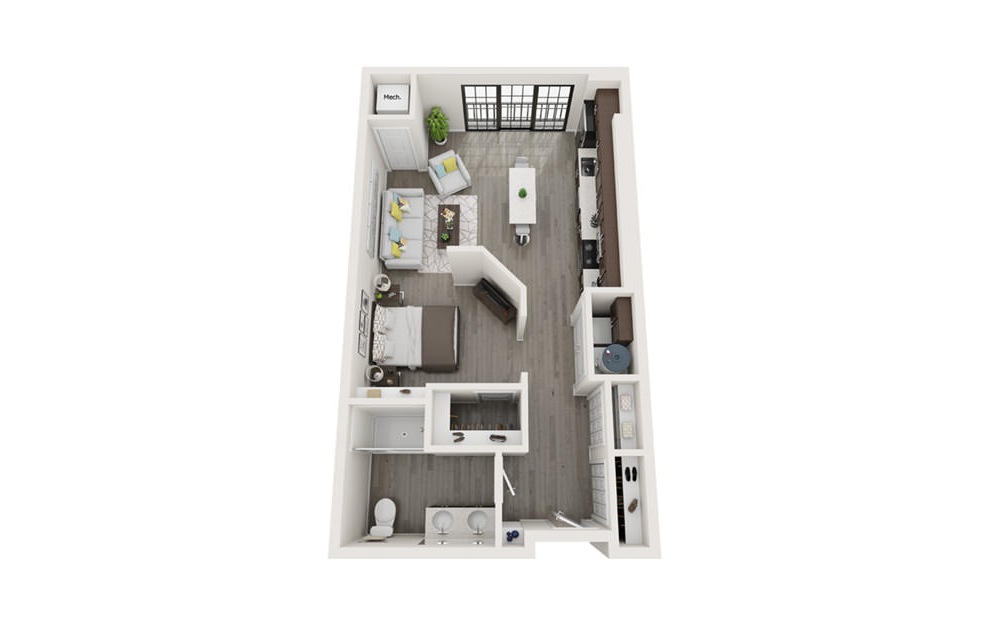 J1 - Studio floorplan layout with 1 bath and 651 square feet. (3D)