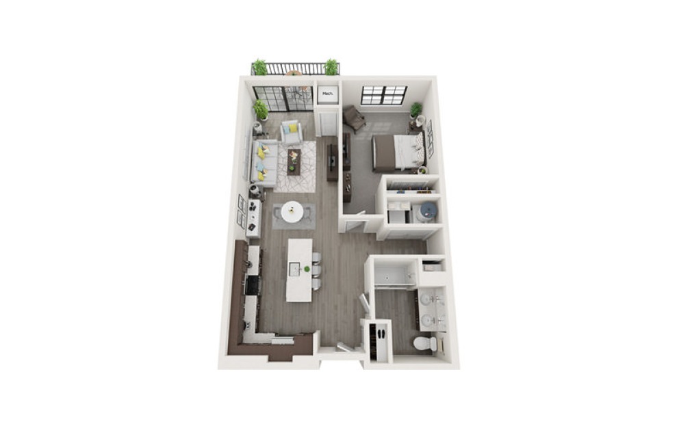 A1 - 1 bedroom floorplan layout with 1 bath and 826 square feet. (3D)