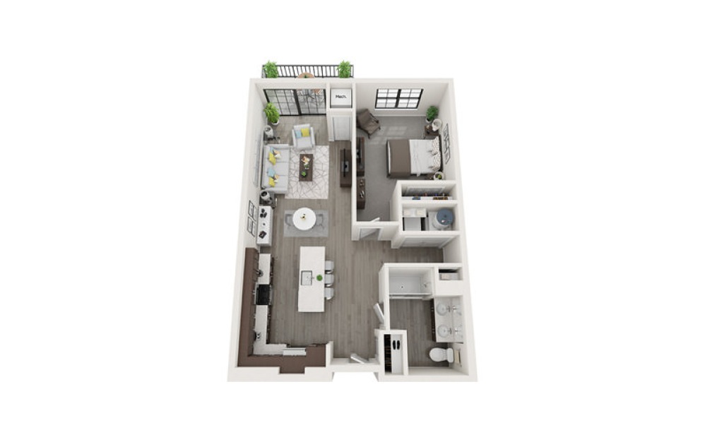 A1 - 1 bedroom floorplan layout with 1 bathroom and 826 square feet (3D)