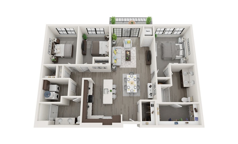 C1 - 3 bedroom floorplan layout with 2 bathrooms and 1466 square feet