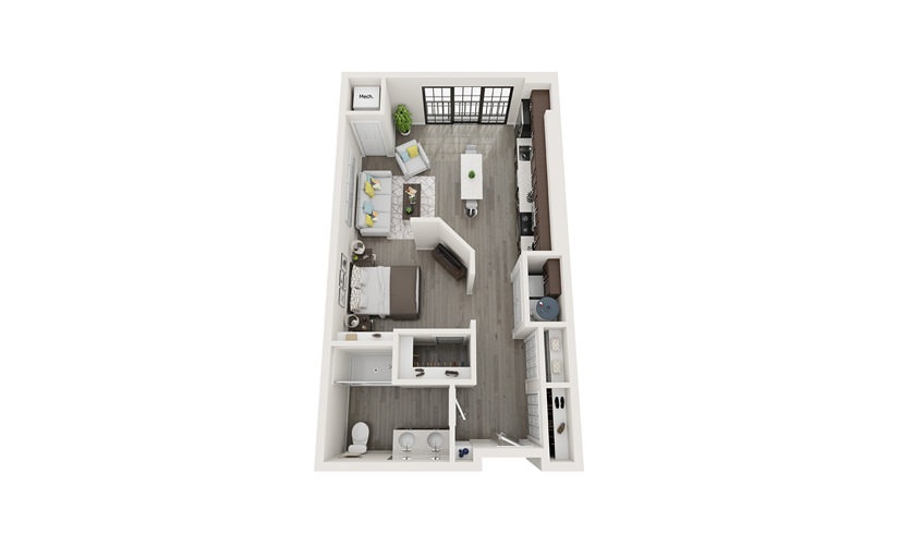 J1 - Studio floorplan layout with 1 bathroom and 651 square feet