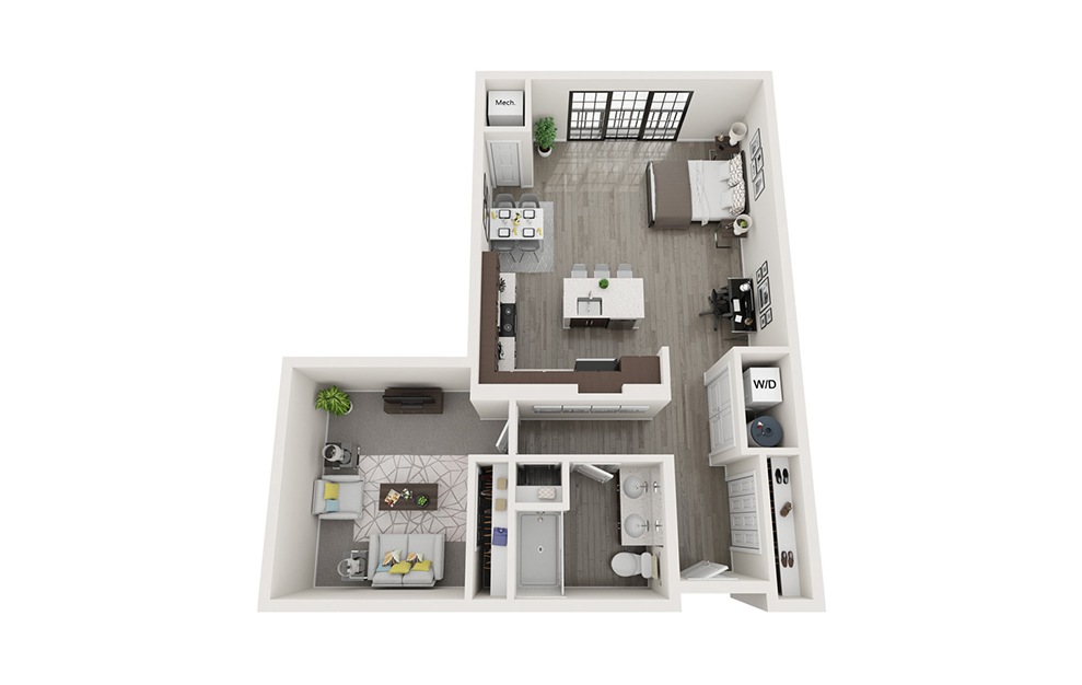 S2-ALT - Studio floorplan layout with 1 bath and 820 square feet. (3D)